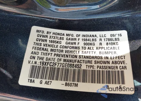 2016 Honda Civic Ex из США, поврежденный, VIN 19XFC2F77GE088452